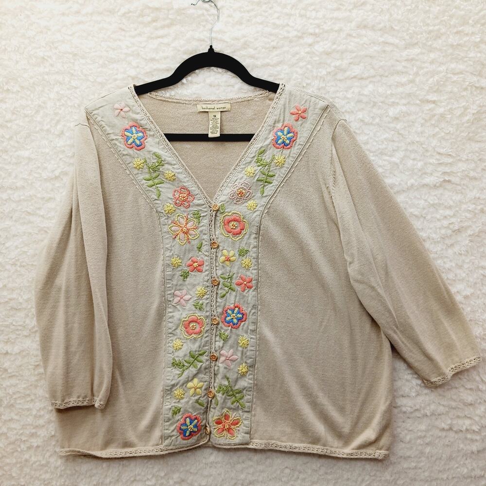 Cardigan Button Linen Tan Floral Embroidered Whimsycore Cottagecore Size 1X